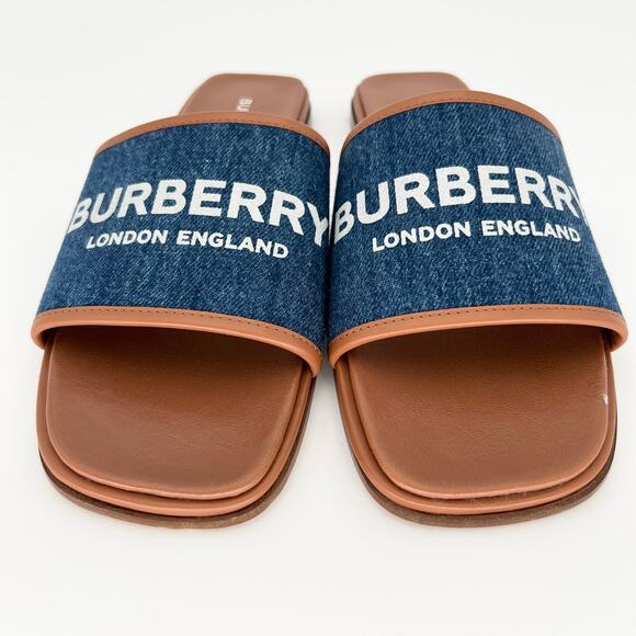 BURBERRY Carolyn Denim Logo Flat Slide EU 38.5 US 8.5 Blue Brown Two Tone Sandal - Picture 6 of 11